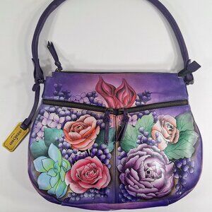 Anuschka Leather Large Purple Hobo Bag Floral Roses Multi Compartment